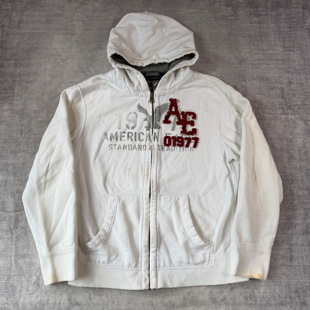 American Eagle Hoodie Mens XL White Vintage Zip Up Distressed Graphic Y2K